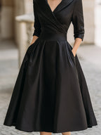 Women's Black Satin Midi Dress - Notched Shawl Collar A-Line with Pockets