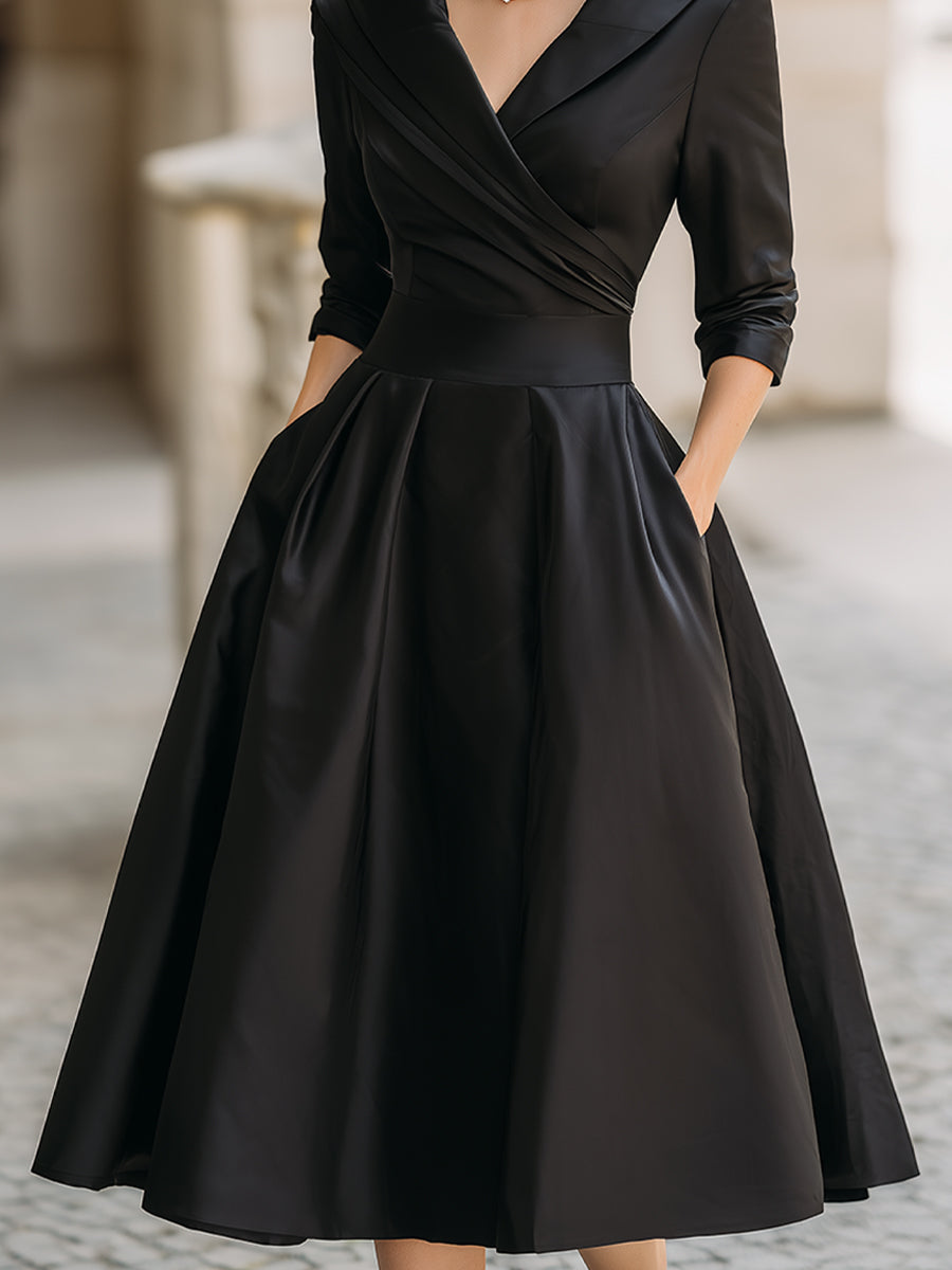 Women's Black Satin Midi Dress - Notched Shawl Collar A-Line with Pockets