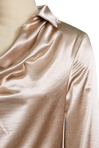 Women's White Satin Blouse - Long Sleeve Cowl Neck with Classic Collar