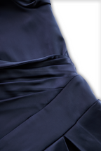 Women's Black Satin Midi Dress - Notched Shawl Collar A-Line with Pockets