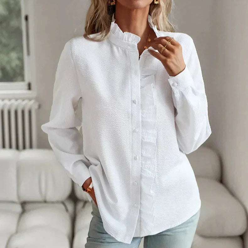 Women's Light Blue Ruffle Placket Blouse - Stand Collar Long Sleeve