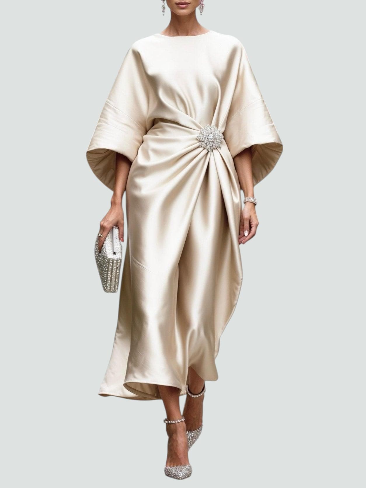 Women's Navy Satin Midi Dress - Batwing Brooch Detail