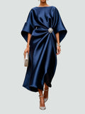 Women's Navy Satin Midi Dress - Batwing Brooch Detail