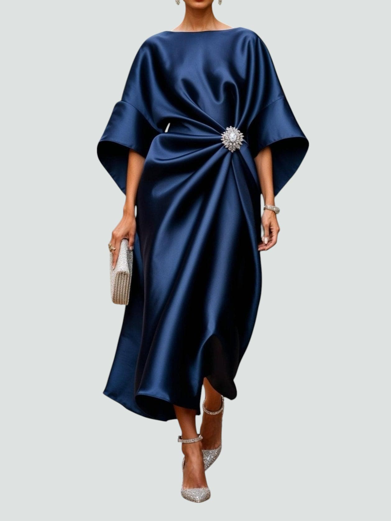 Women's Navy Satin Midi Dress - Batwing Brooch Detail