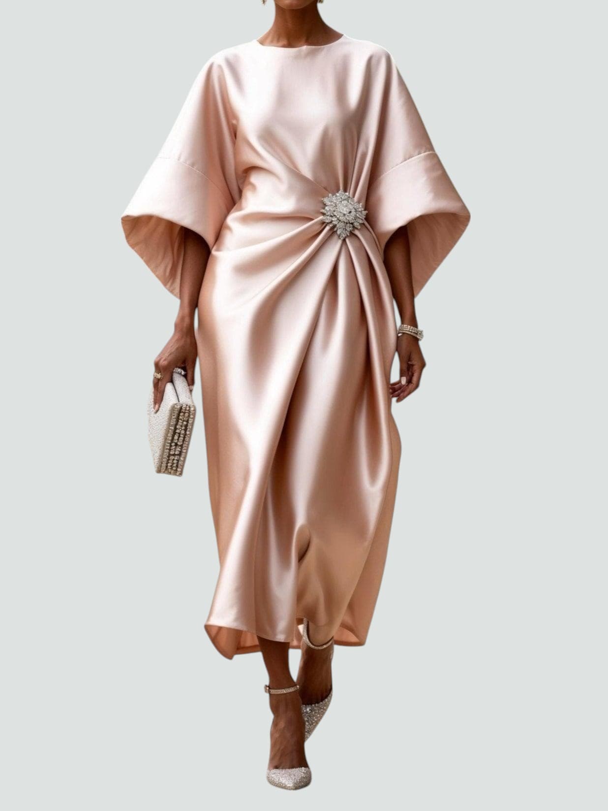 Women's Navy Satin Midi Dress - Batwing Brooch Detail