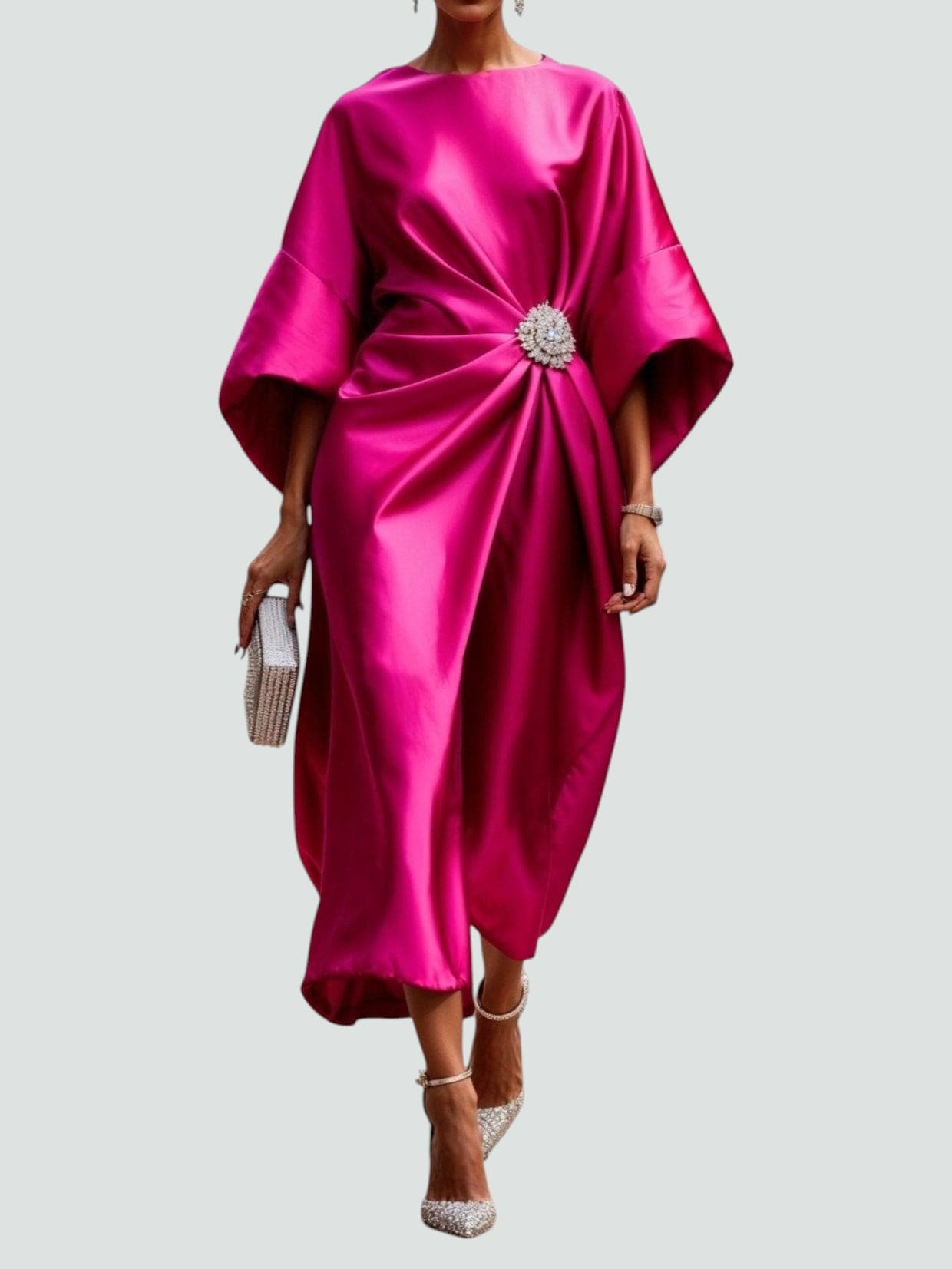 Women's Navy Satin Midi Dress - Batwing Brooch Detail