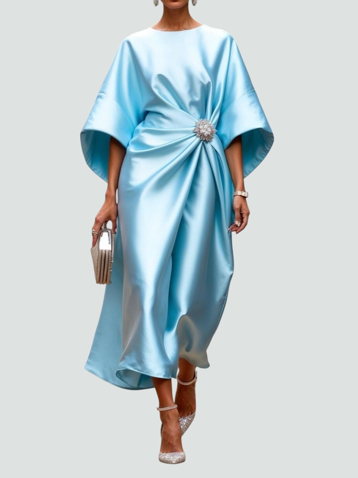 Women's Navy Satin Midi Dress - Batwing Brooch Detail