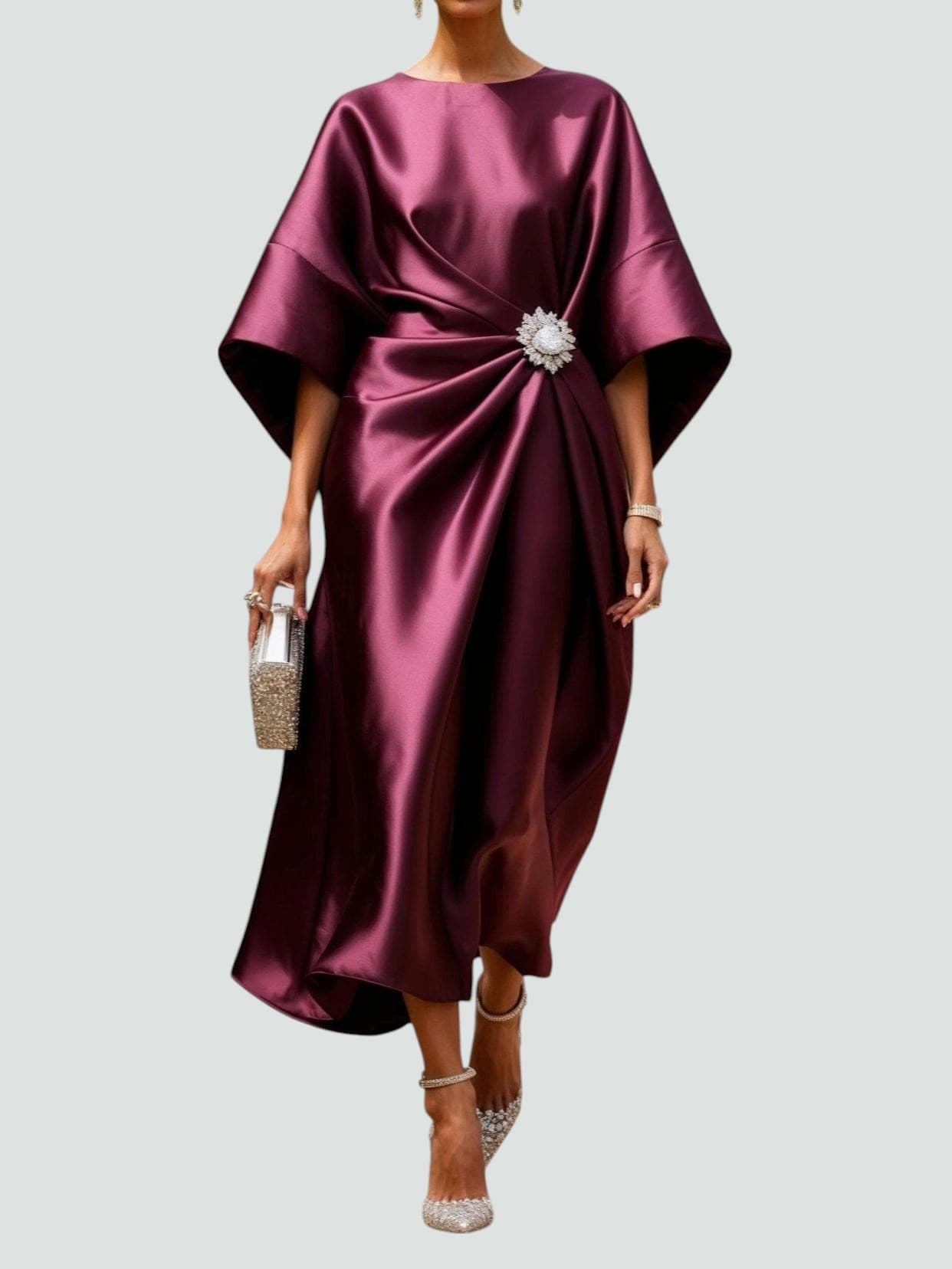 Women's Navy Satin Midi Dress - Batwing Brooch Detail