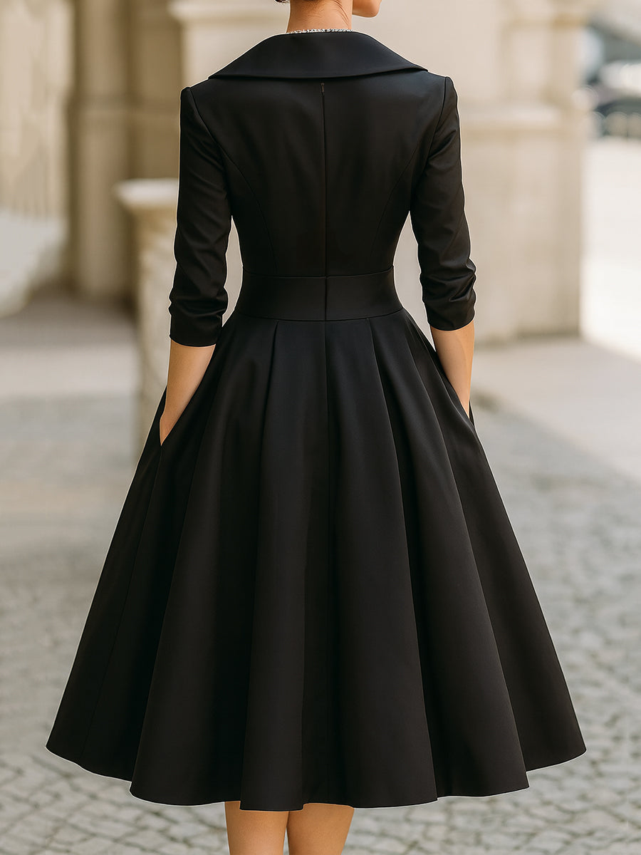 Women's Black Satin Midi Dress - Notched Shawl Collar A-Line with Pockets