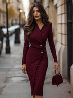 Women's Burgundy Wrap-Style Midi Dress - Button Detail