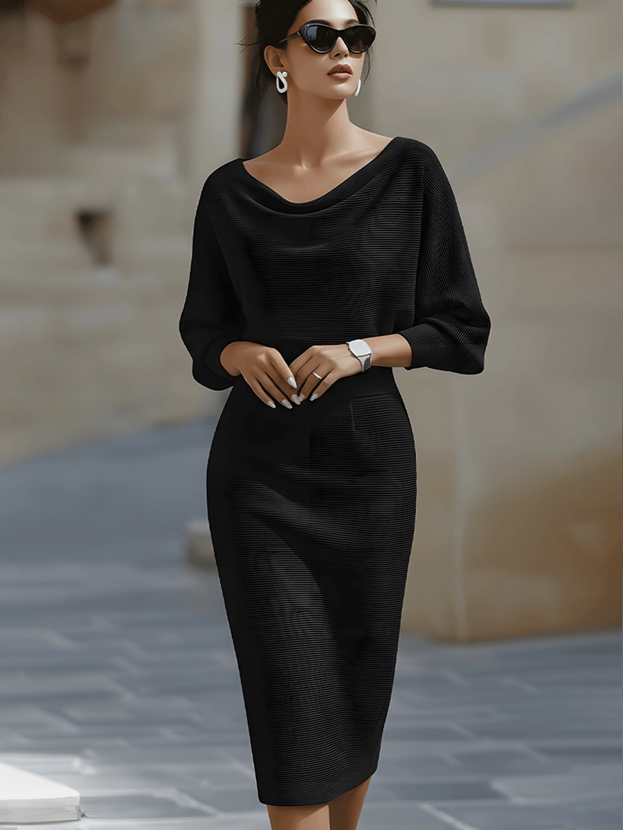 Women's White Draped Batwing Midi Dress - Knit Bodycon