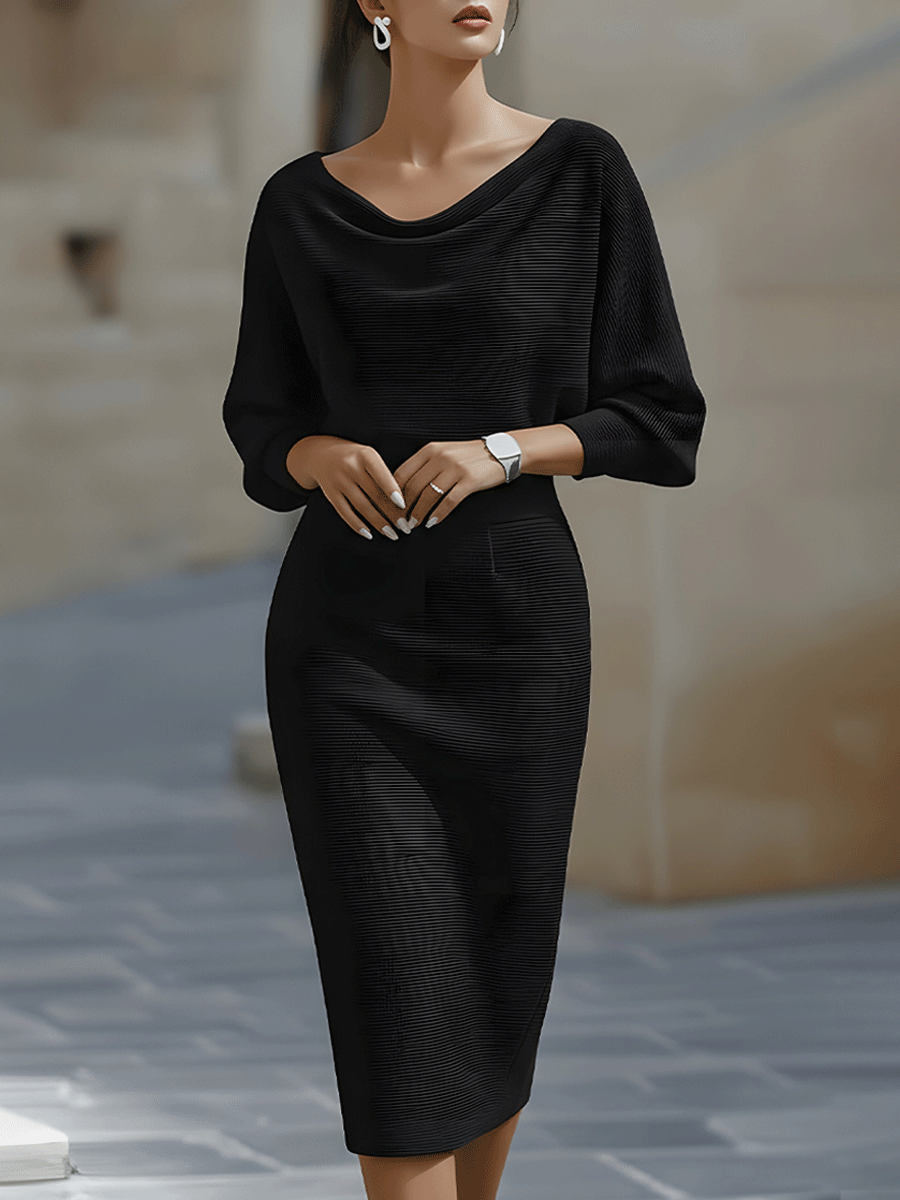 Women's White Draped Batwing Midi Dress - Knit Bodycon