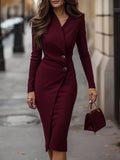 Women's Burgundy Wrap-Style Midi Dress - Button Detail