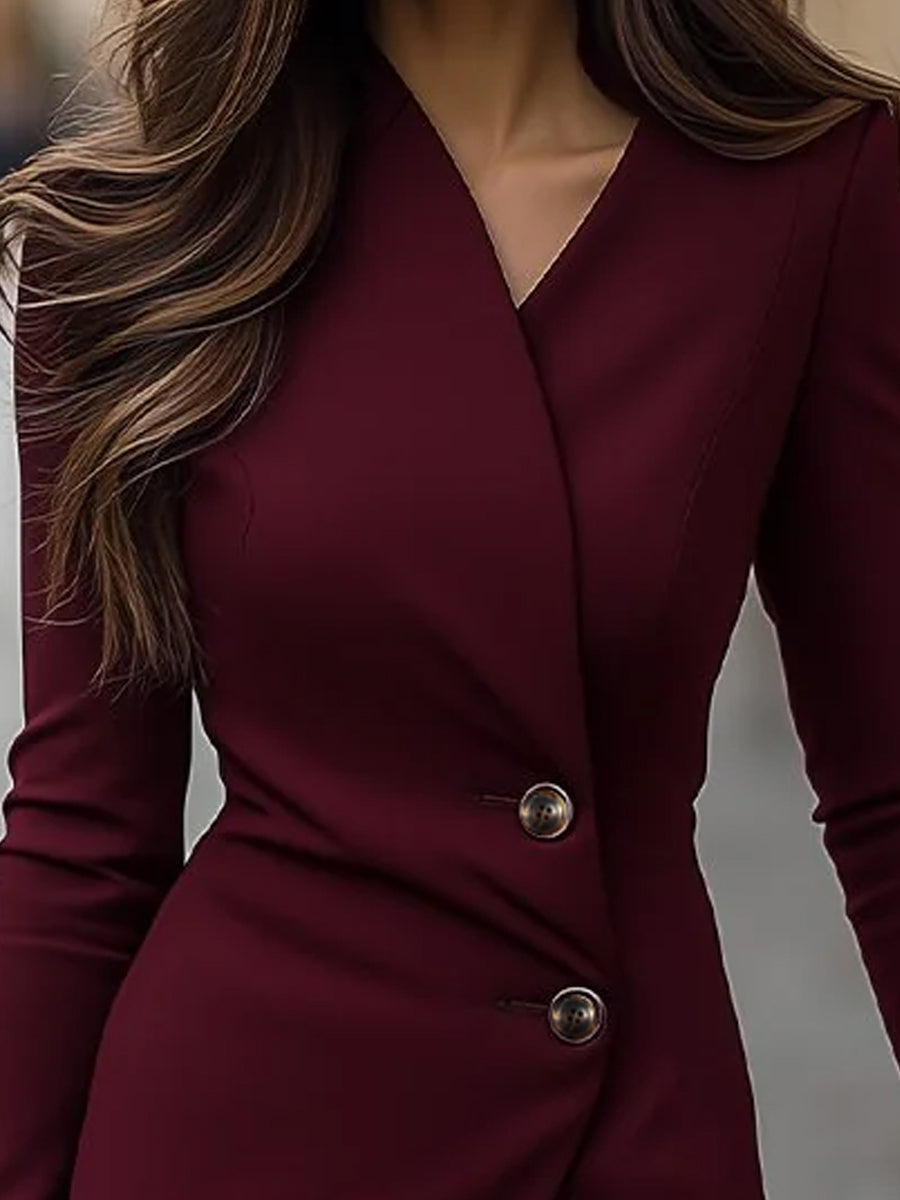 Women's Burgundy Wrap-Style Midi Dress - Button Detail