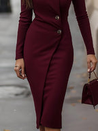 Women's Burgundy Wrap-Style Midi Dress - Button Detail
