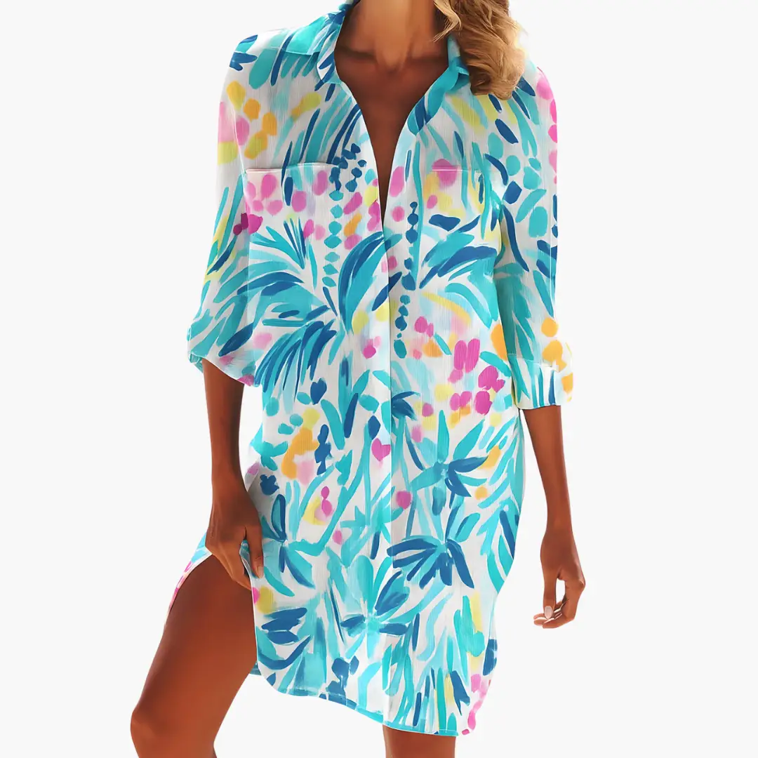 Women's Floral Long Sleeve Button-Front Shirt Dress