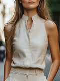Minimalist High-Collar Sleeveless Linen Blouse XYS