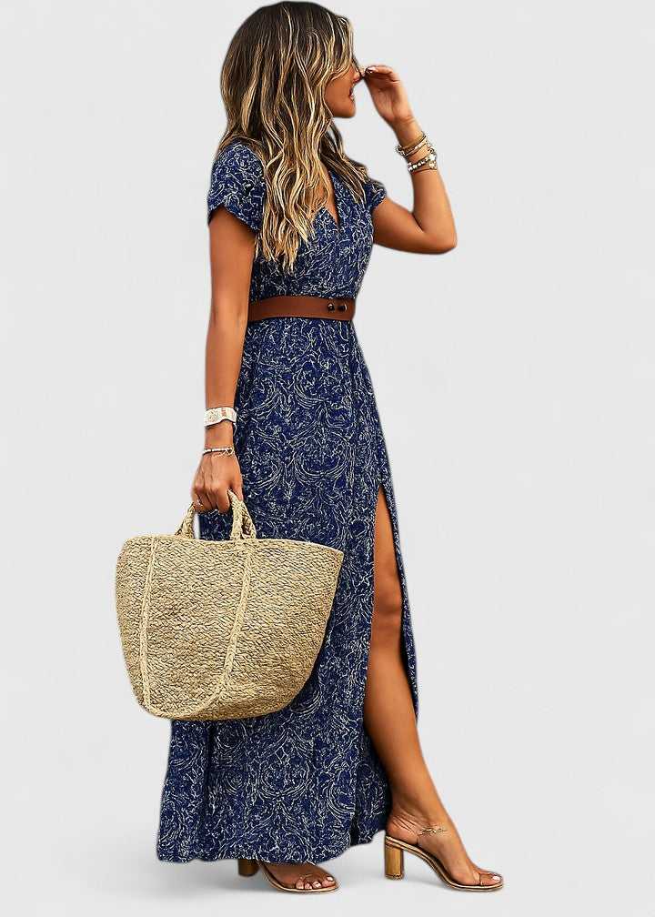 Women's Navy Printed Maxi Dress - V-Neck Belted Side Slit