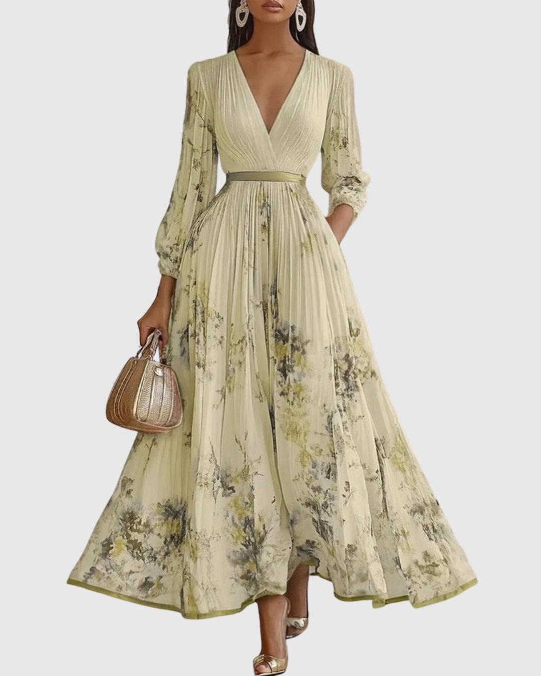 Greta - Women's Pleated V-Neck Long Sleeve Maxi Dress