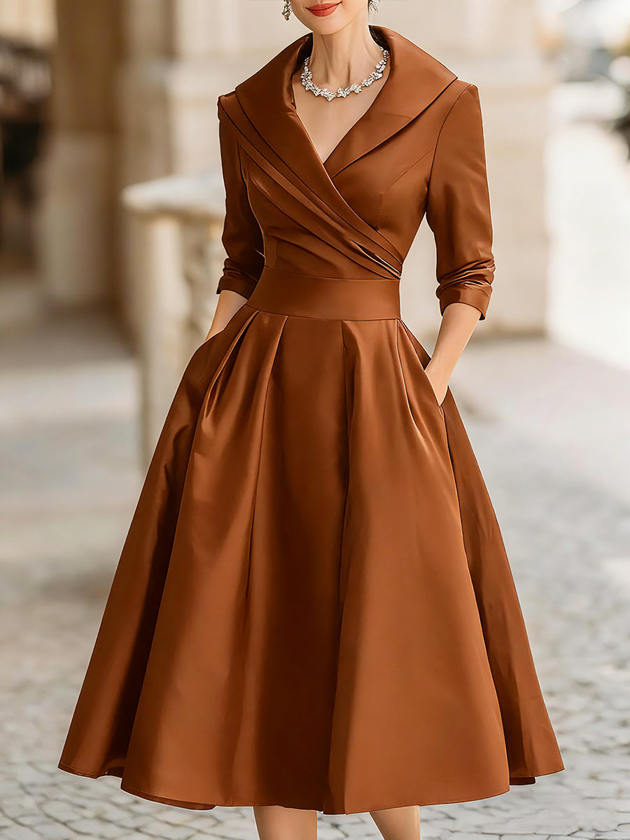 Women's Black Satin Midi Dress - Notched Shawl Collar A-Line with Pockets
