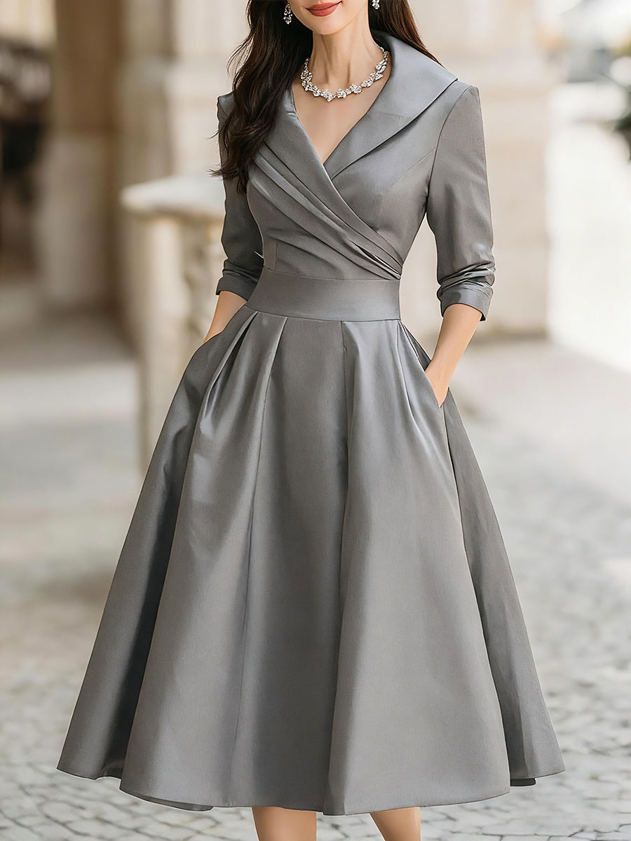 Women's Black Satin Midi Dress - Notched Shawl Collar A-Line with Pockets