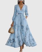 Greta - Women's Pleated V-Neck Long Sleeve Maxi Dress