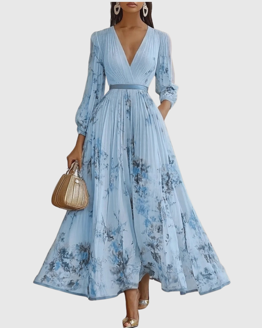 Greta - Women's Pleated V-Neck Long Sleeve Maxi Dress