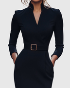 Maya - Women's Mock Wrap V-Neck 3/4 Sleeve Midi Dress