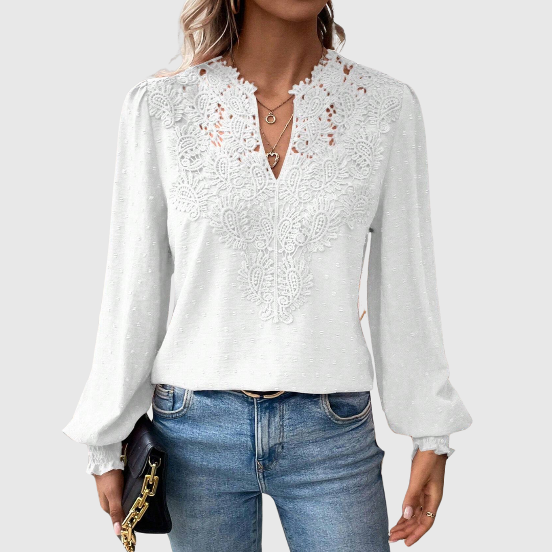 Women's Terracotta Lace Detail Blouse - V-Neck Long Sleeve