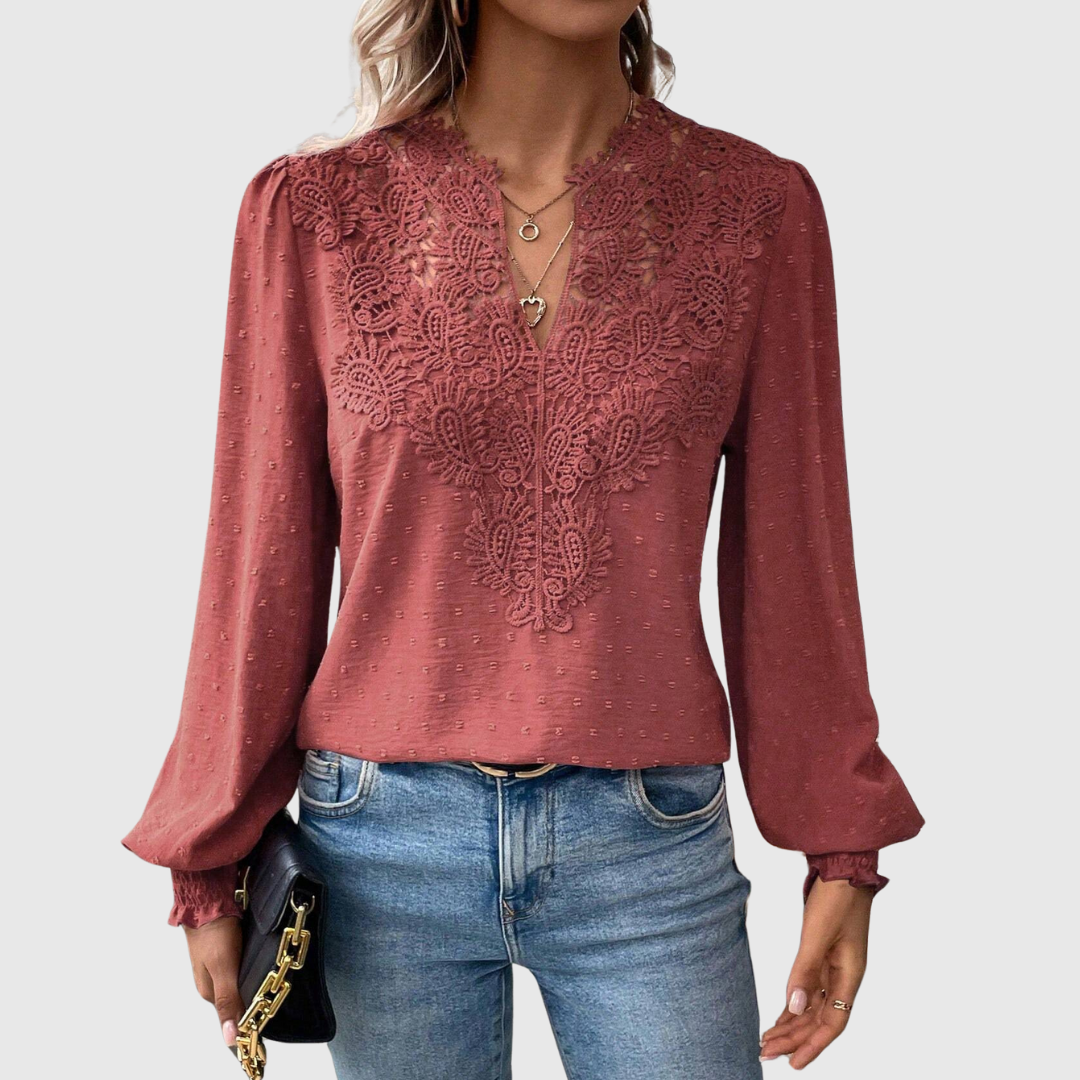 Women's Terracotta Lace Detail Blouse - V-Neck Long Sleeve
