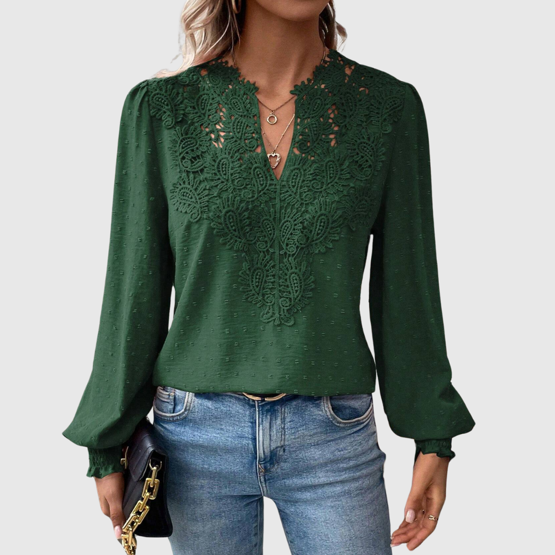 Women's Terracotta Lace Detail Blouse - V-Neck Long Sleeve