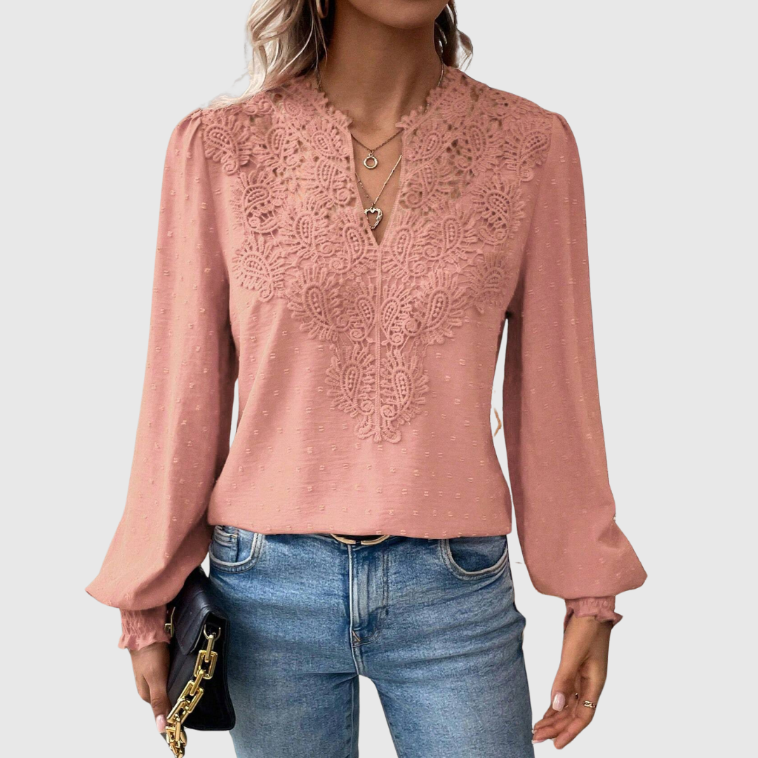 Women's Terracotta Lace Detail Blouse - V-Neck Long Sleeve