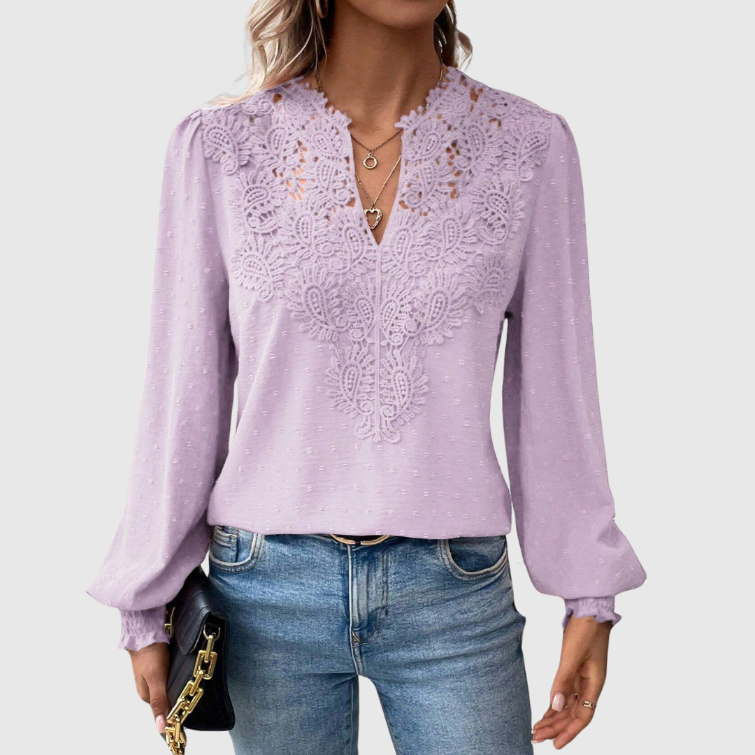 Women's Terracotta Lace Detail Blouse - V-Neck Long Sleeve