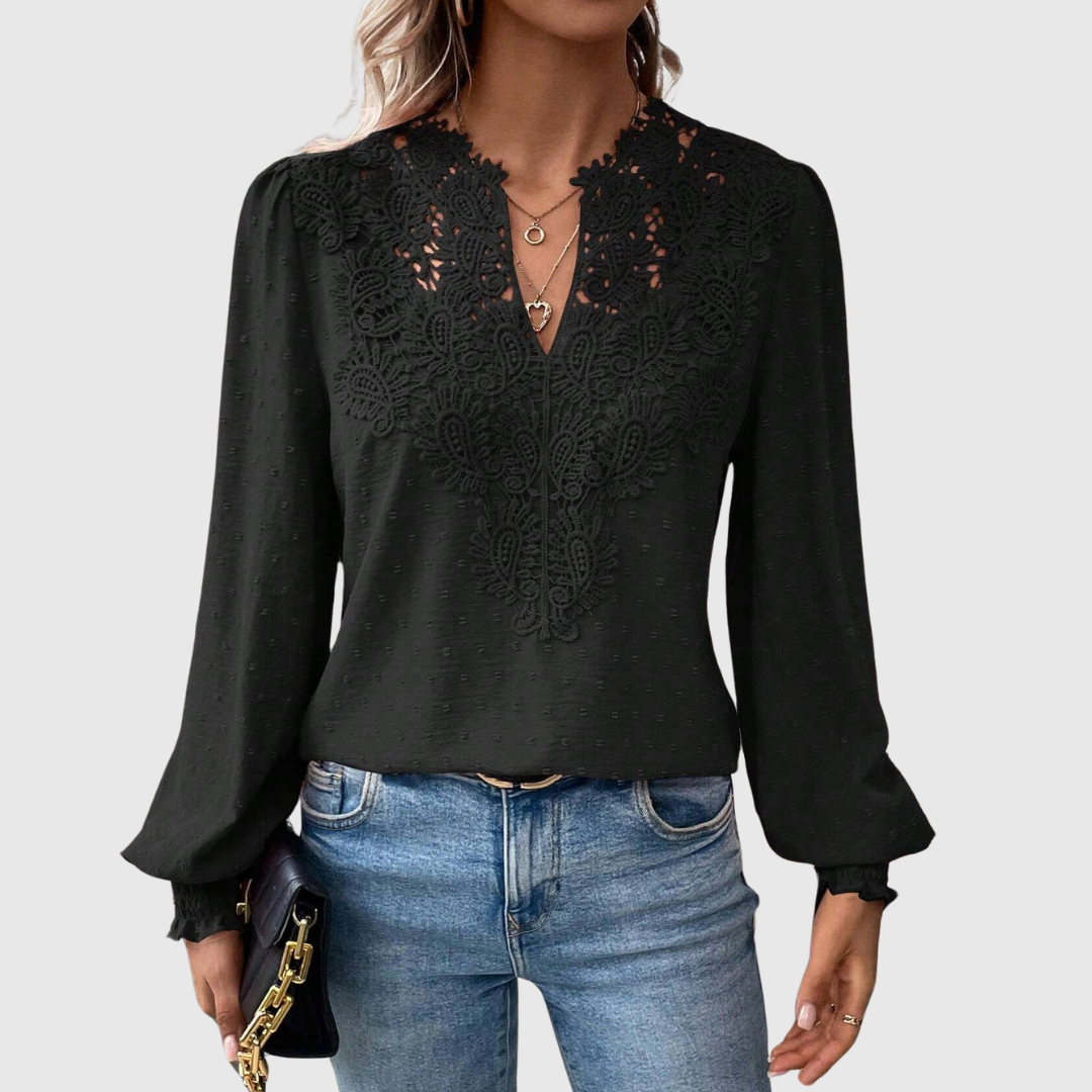 Women's Terracotta Lace Detail Blouse - V-Neck Long Sleeve