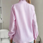 Women's Light Blue Ruffle Placket Blouse - Stand Collar Long Sleeve