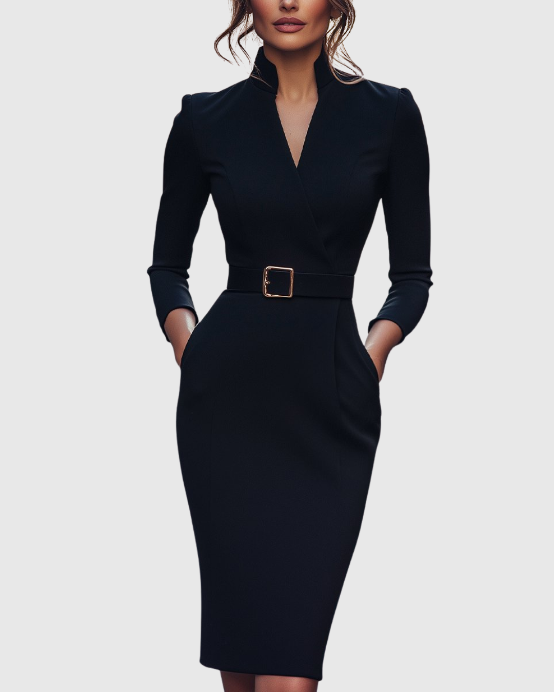 Maya - Women's Mock Wrap V-Neck 3/4 Sleeve Midi Dress