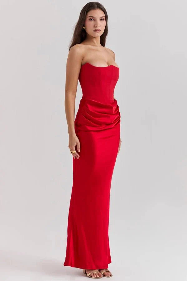 Sloane - Women's Strapless Corset Satin Maxi Dress