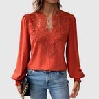 Women's Terracotta Lace Detail Blouse - V-Neck Long Sleeve