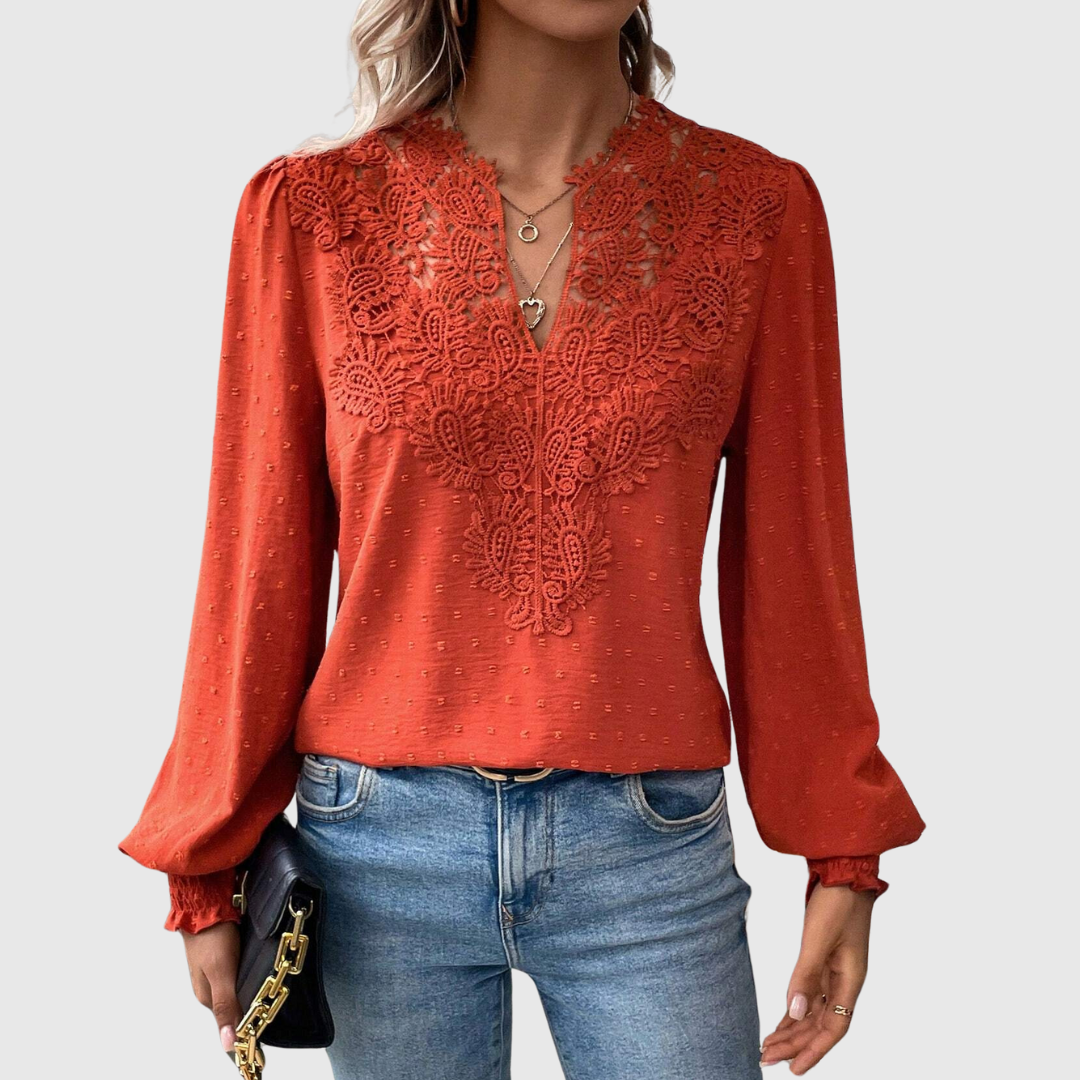 Women's Terracotta Lace Detail Blouse - V-Neck Long Sleeve