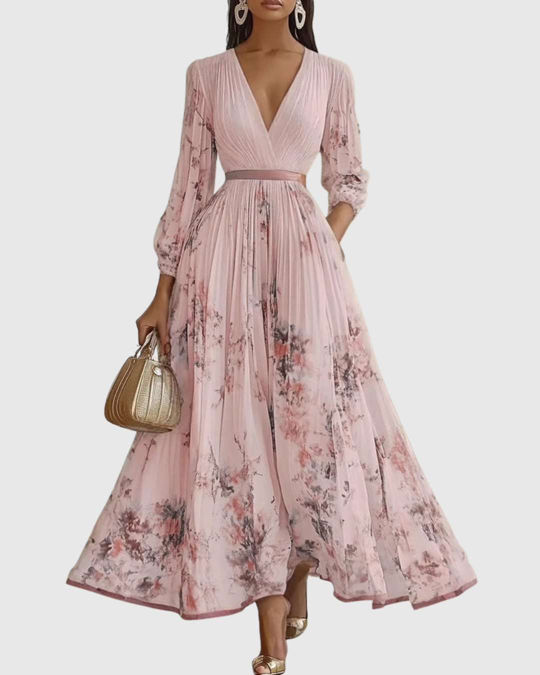 Greta - Women's Pleated V-Neck Long Sleeve Maxi Dress