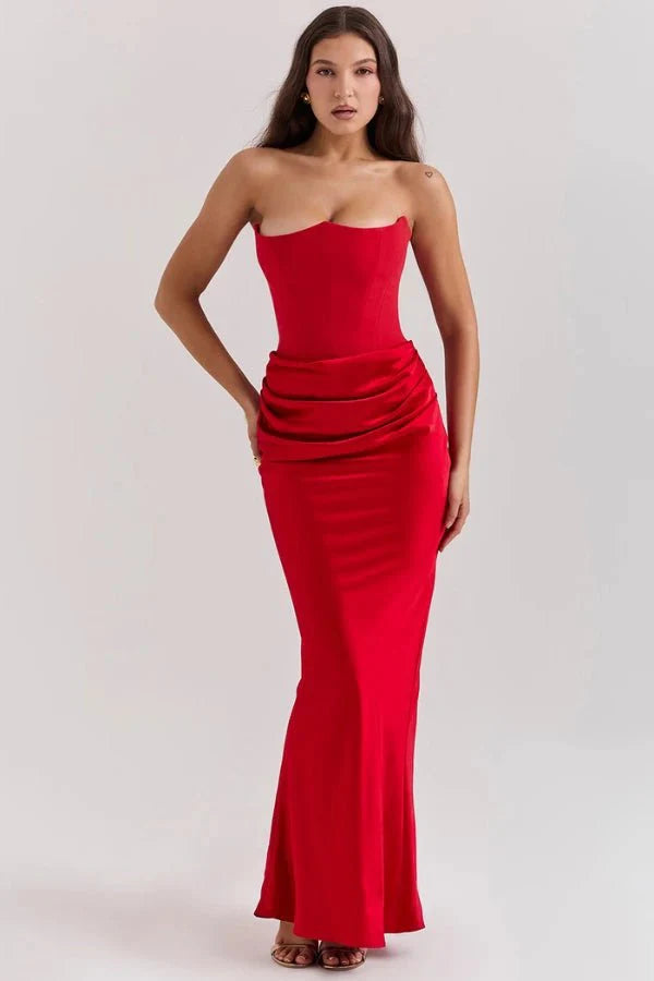 Sloane - Women's Strapless Corset Satin Maxi Dress