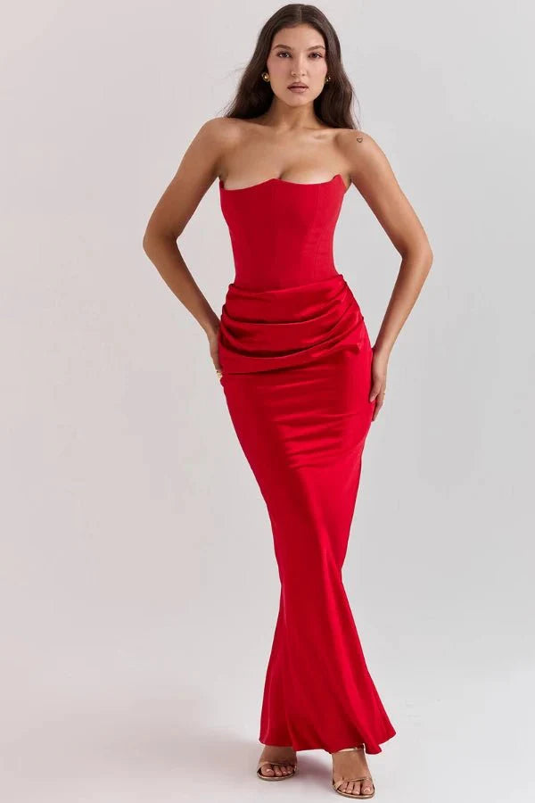 Sloane - Women's Strapless Corset Satin Maxi Dress