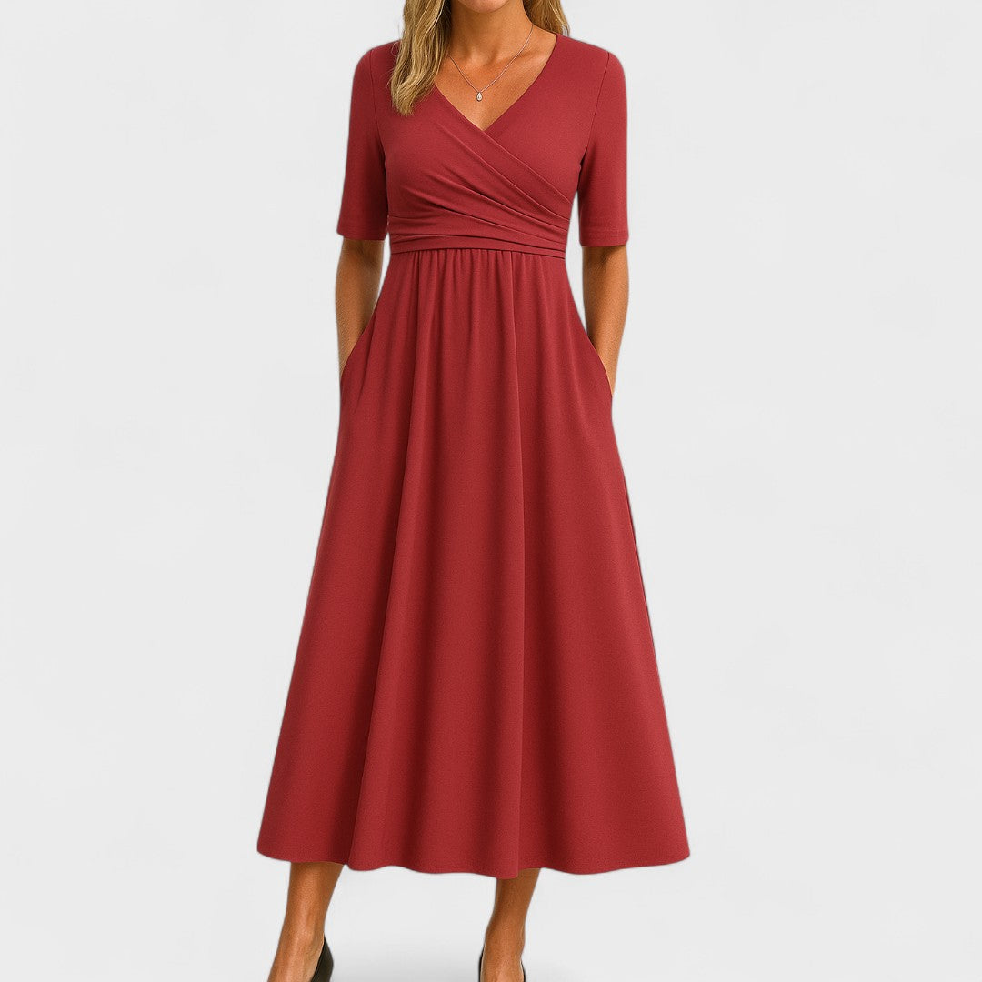 Opal - Women's Surplice V-Neck Pleated Midi Dress
