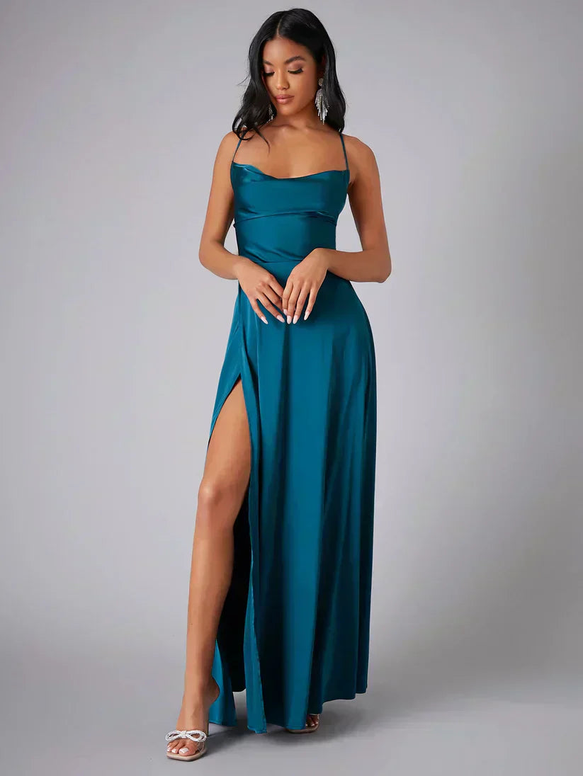 Alma - Women's Satin Cowl Neck Side Slit Maxi Dress