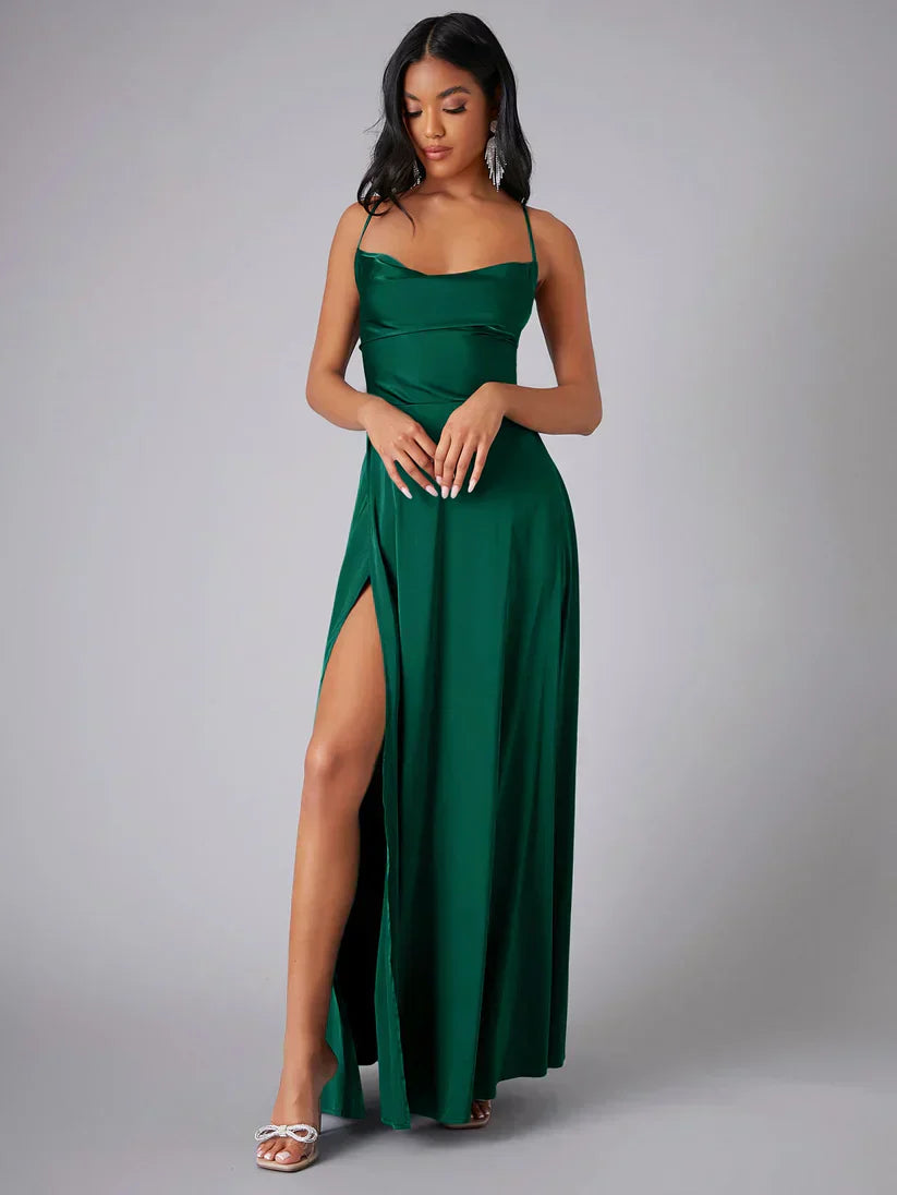 Alma - Women's Satin Cowl Neck Side Slit Maxi Dress