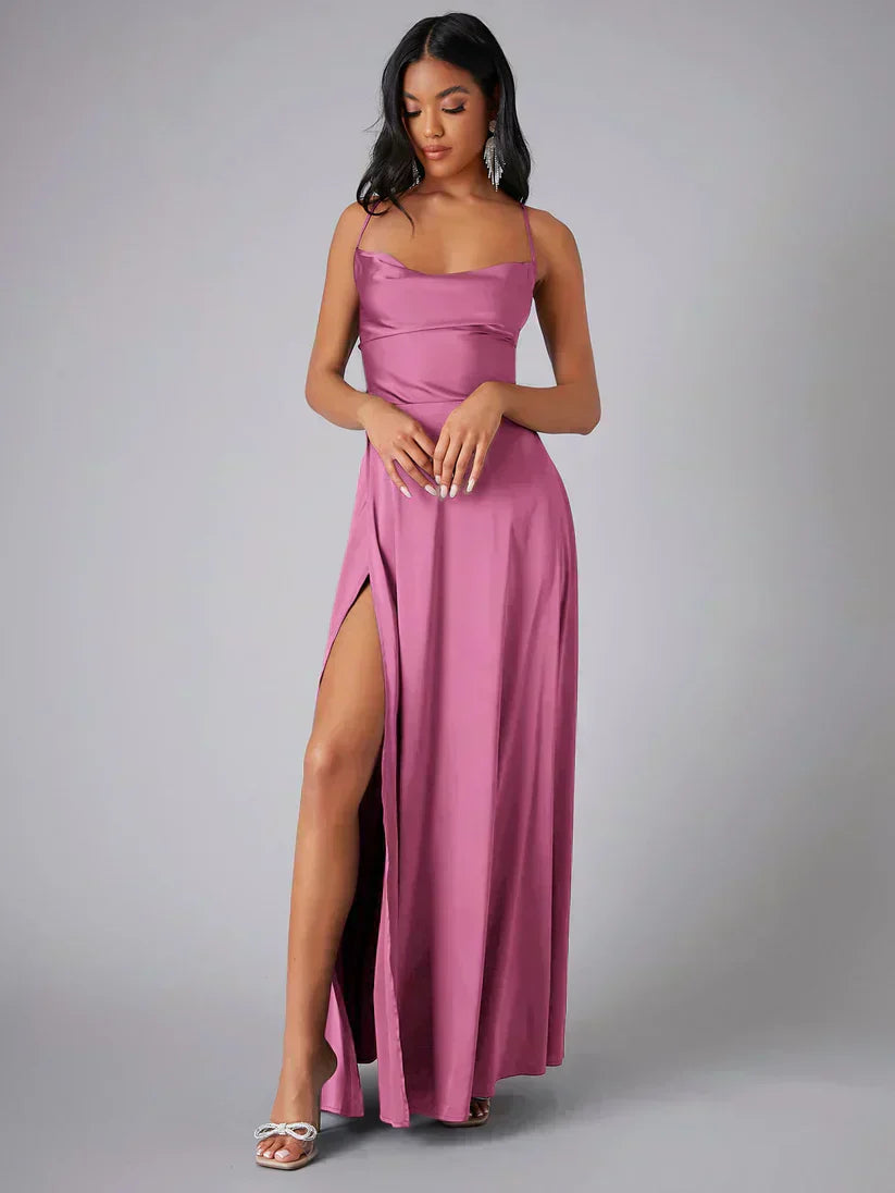 Alma - Women's Satin Cowl Neck Side Slit Maxi Dress