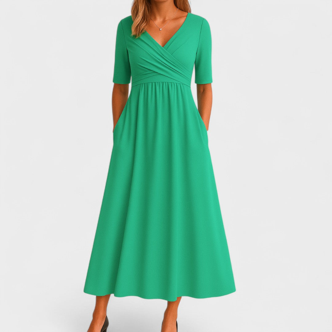 Opal - Women's Surplice V-Neck Pleated Midi Dress