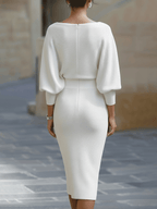 Women's White Draped Batwing Midi Dress - Knit Bodycon