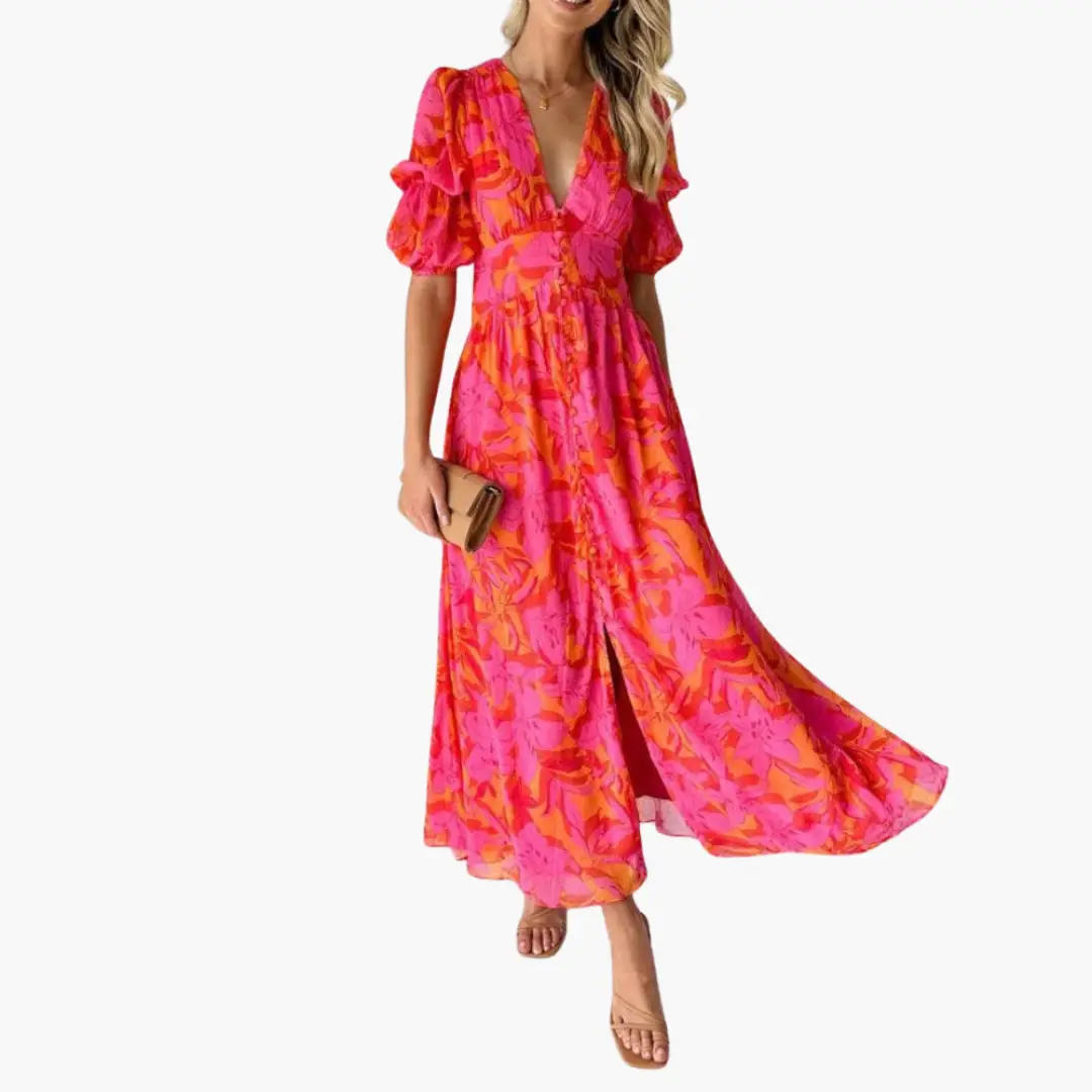 Women's V-Neck Puff Sleeve Maxi Dress
