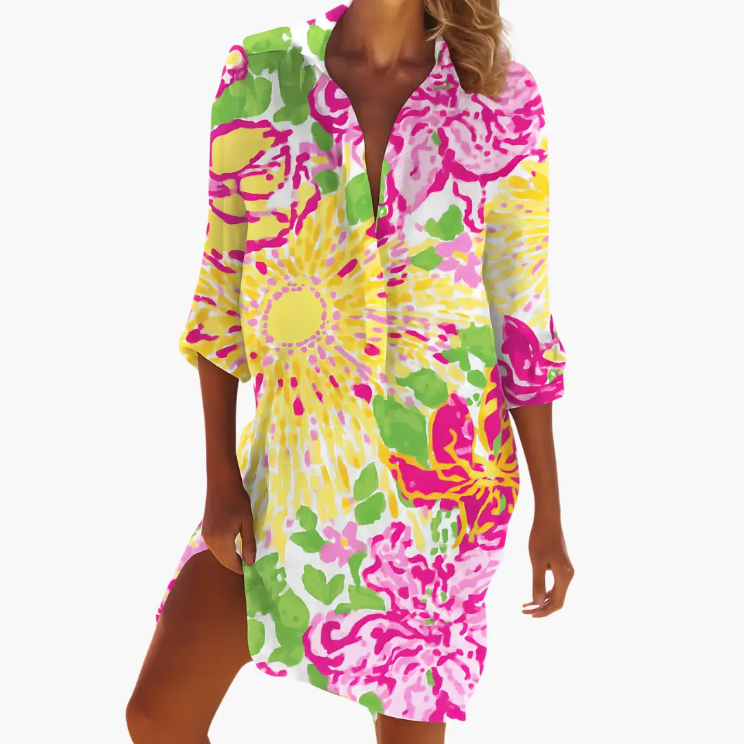 Women's Floral Long Sleeve Button-Front Shirt Dress